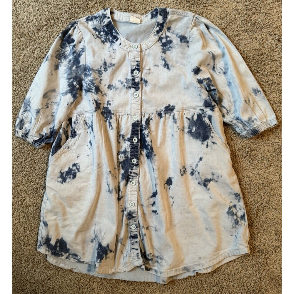 Evsie Girls XS 8 Blue White Tie-Dye Shirt Dress Button Front 3/4 Knee